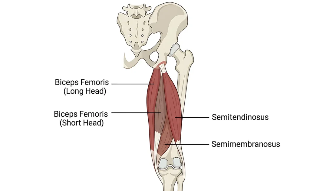 Illustrazione anatomica dei tre muscoli ischio-crurali e delle loro inserzioni distinte