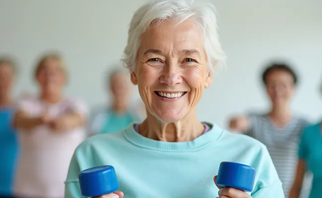persona anziana che esegue esercizio di rafforzamento muscolare felice