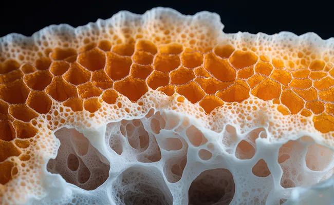 Illustrazione della struttura trabecolare dell'osso spugnoso e dei cambiamenti nell'osteoporosi