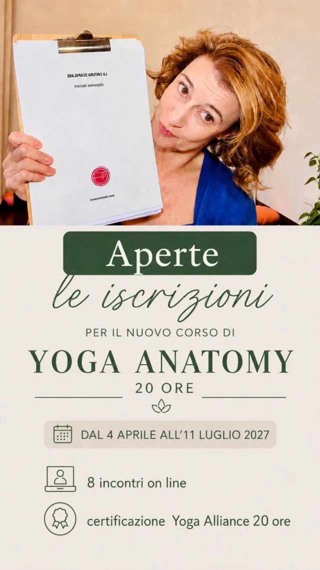✨

𝗬𝗢𝗚𝗔 𝗔𝗡𝗔𝗧𝗢𝗠𝗬 online 
𝟮𝟬 𝗢𝗥𝗘 𝗬𝗢𝗚𝗔 𝗔𝗟𝗟𝗜𝗔𝗡𝗖𝗘

Conoscere l’anatomia significa comprendere meglio il corpo che si muove, respira e pratica.

Dal 4 aprile all’11 luglio 2027 torna Yoga Anatomy, un percorso di formazione dedicato allo studio dell’anatomia applicata allo Yoga.

8 incontri online | 20 ore di formazione
Un percorso per approfondire l’apparato locomotore, le principali articolazioni, la muscolatura e le relazioni tra anatomia, movimento e pratica dello Yoga.

🎓 20 ore riconosciute da Yoga Alliance

📅 Dal 4 aprile all’11 luglio 2027
💻 Online
📚 8 incontri

QUOTA PROMOZIONALE fino al 31 ottobre 2026

Un percorso pensato per insegnanti di Yoga, praticanti e per chi desidera conoscere il corpo con maggiore precisione e consapevolezza.

Per informazioni e iscrizioni, scrivimi in DM.